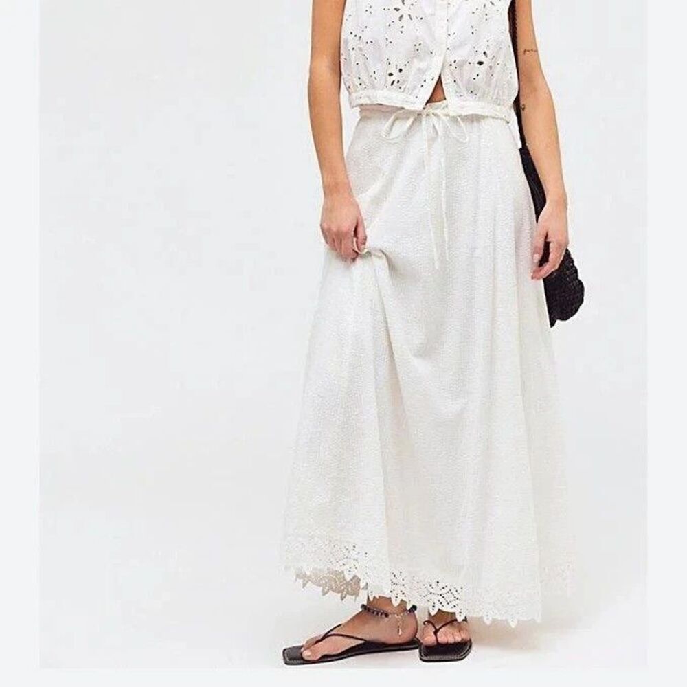 Free People Madelyn Cotton Maxi Skirt Ruffle Eyelet Lace Seersucker M 291772